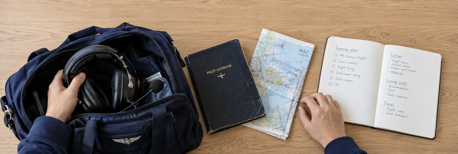 A flight bag with a headset, a pilot logbook, an aeronautical chart and a notebook with a training plan and costs