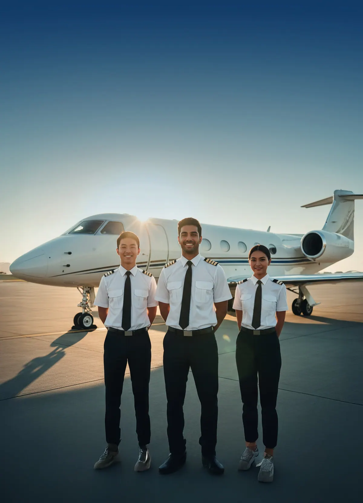 Three pilots in front of a business jet at golden hour