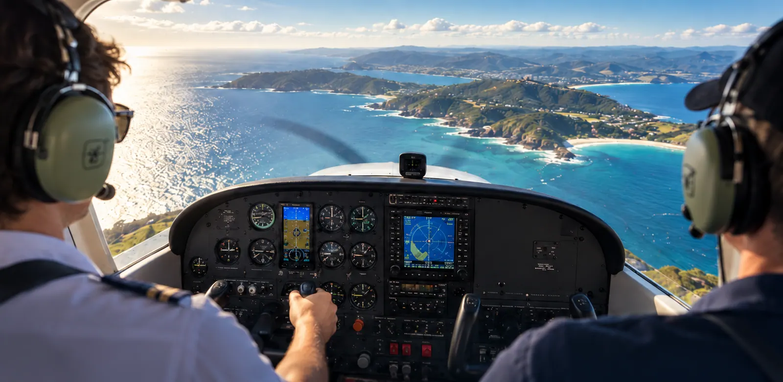 Two pilots with headsets in the cockpit of a training aircraft, looking out over a green coastline